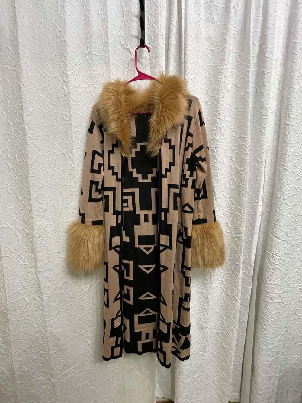 Southwestern Geometric Long Duster Cardigan Faux Fur Collar Cuff Sweater Coat